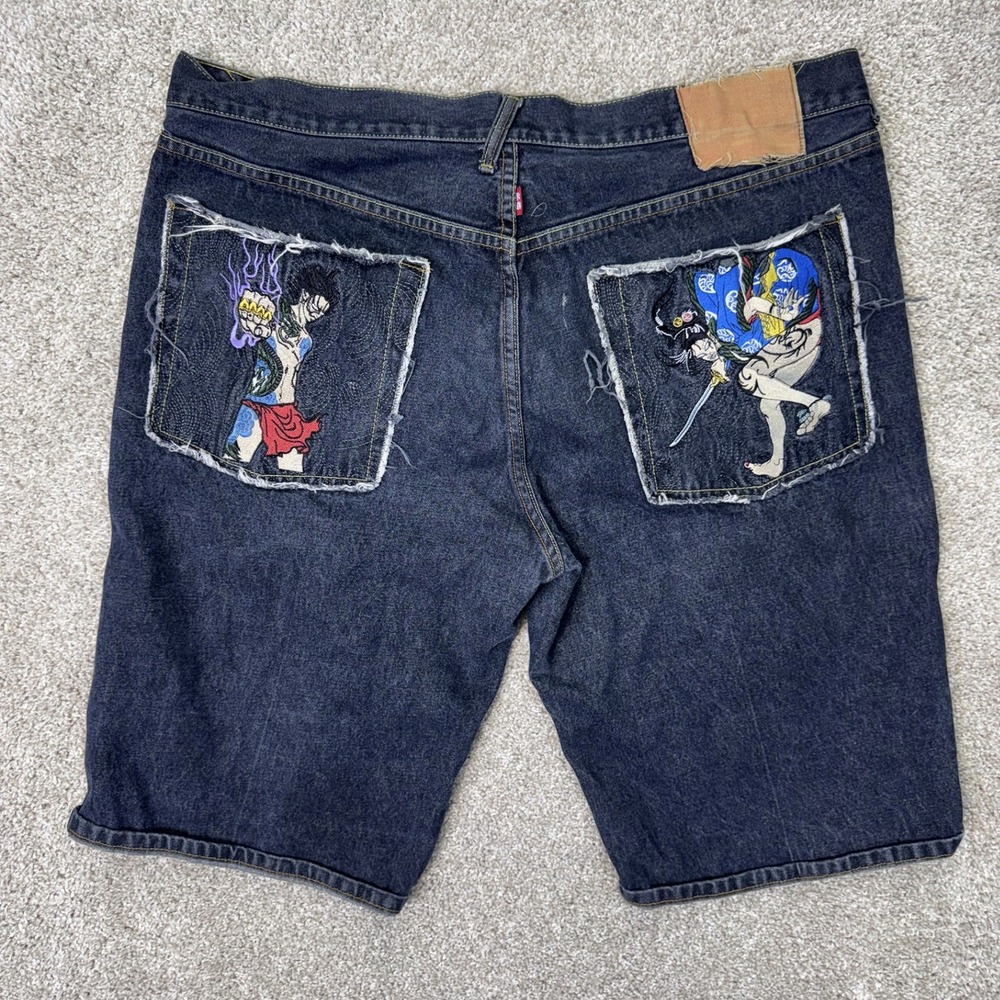 RMC Red Monkey Company Vintage Shorts Mens 42 Embroidered Graphic Dark Wash EUC